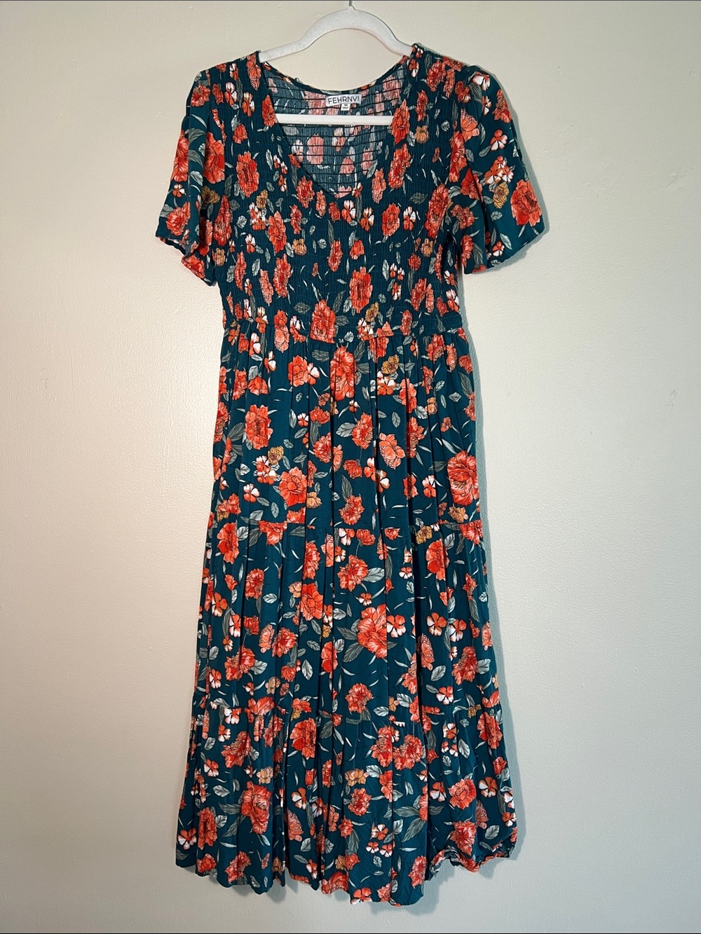 Teal and Orange Floral Midi Dress Fehrnvi, Med